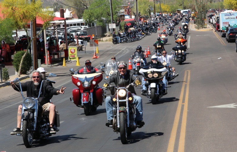 The annual Gypsy Tour ride is led out of town by Mark Bradshaw (l.) and his buddy, the notorious Jay Allen (r.)