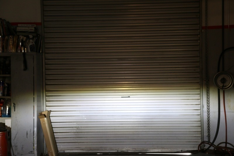 Comparing the low beam of my OEM headlamp (upper left) with the low beam of the Daymaker LED headlamp (upper right), and the high beam of the OEM headlamp (lower left) against the high beam of the Daymaker (lower right)