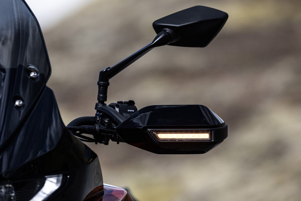 Integrated turn signal built into the handguard of the Norton Atlas