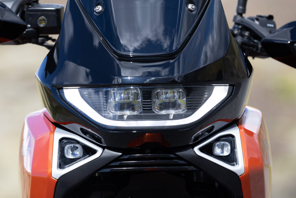 Front view of the 2027 Norton Atlas showing its distinctive LED headlight and front-end design