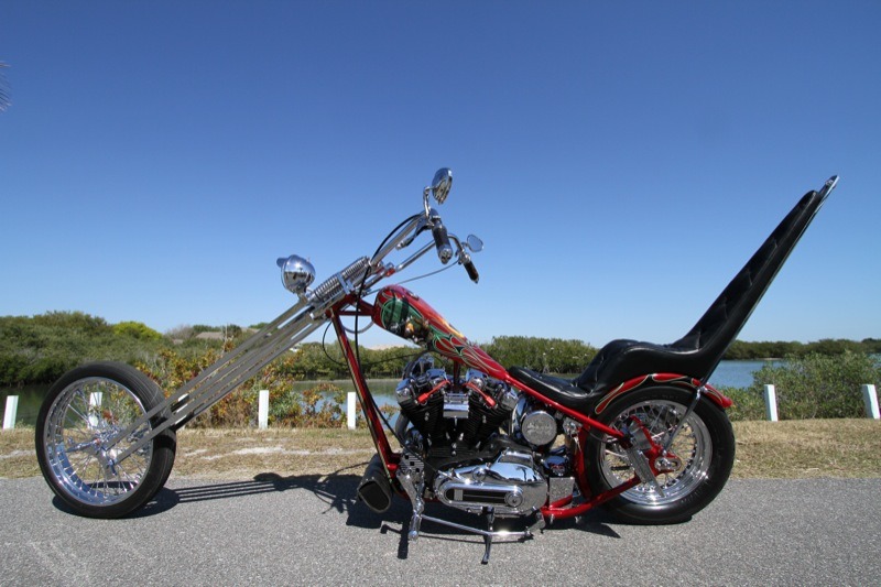 The striking paintwork and kicked-out stance attracts attention wherever the chopper shows up